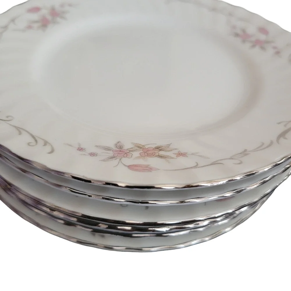 MCM Gold Standard Dessert Plates White Pink Floral‎ Silver Trim Japan Vtg Set 6
